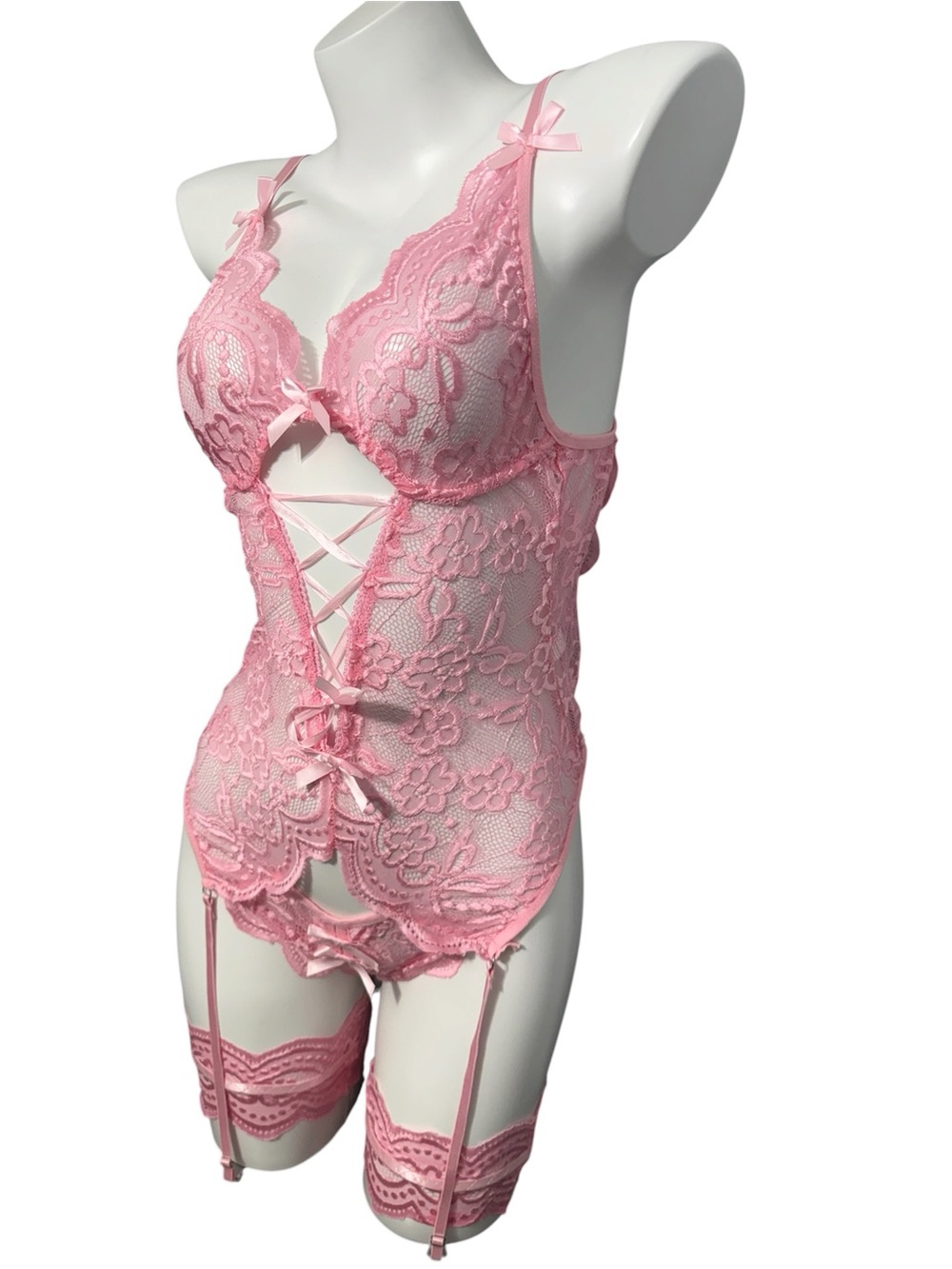 Pink Lace Teddy Lingerie Bodysuit w/ Garter Straps & Ribbon Detail NWOT